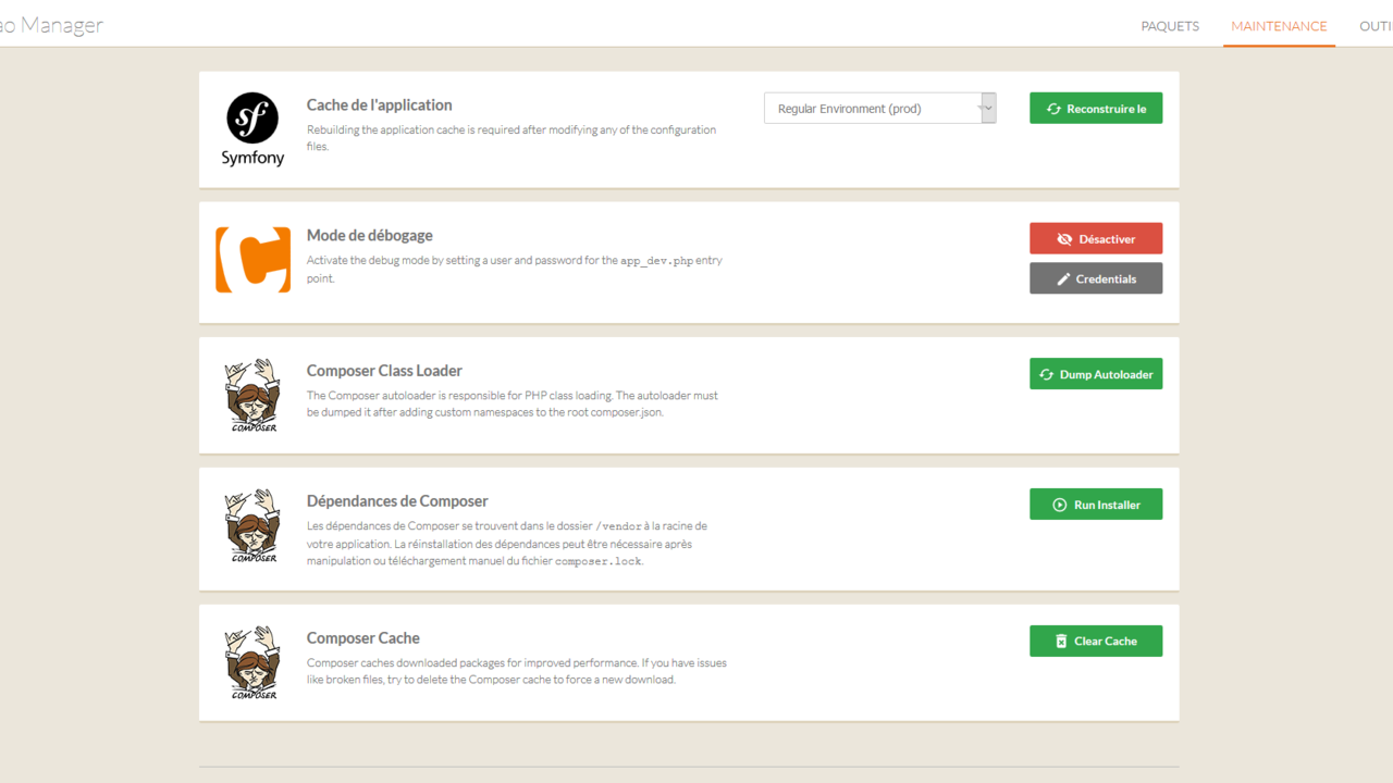 Visuel de la configuration de modules sur Contao Manager