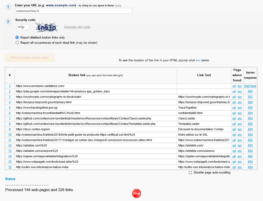 Exemple du brokenlinkchecker de brokenlinkcheck.com