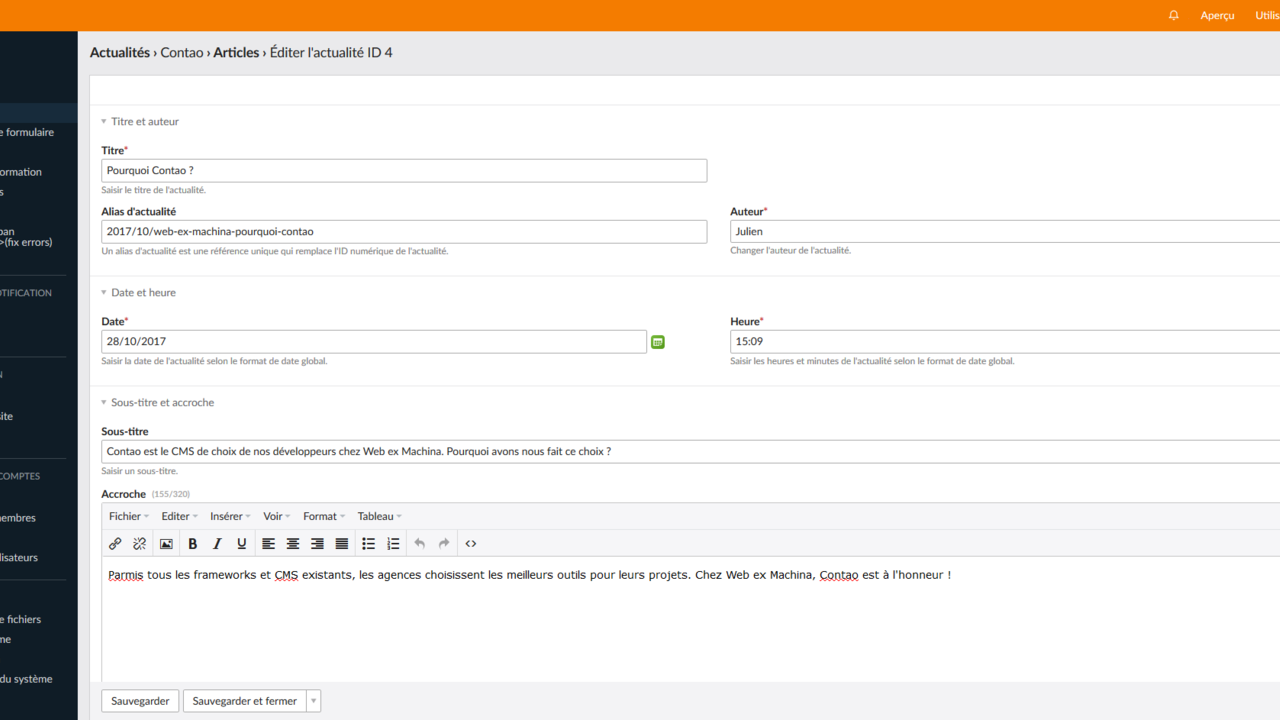 Capture d'écran de l'interface Contao en back-office